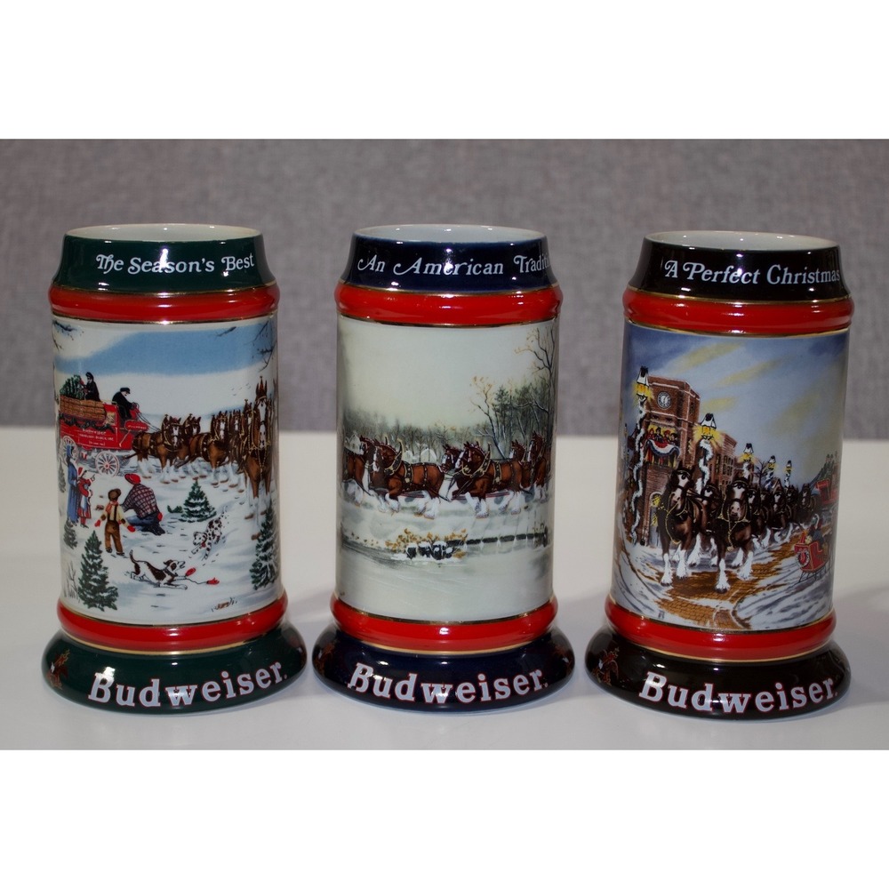 Budweiser Holiday Stein Set 1990 1991 1992 Clydesdale Christmas Ceramic 3pc